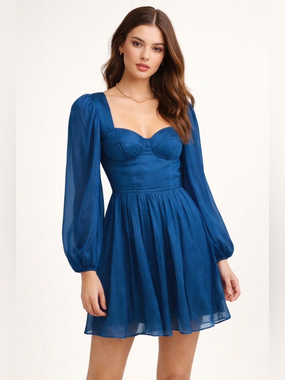 AQUA Sapphire Blue Bustier Mini Dress Lace Up Back Long Sleeve XS NWT